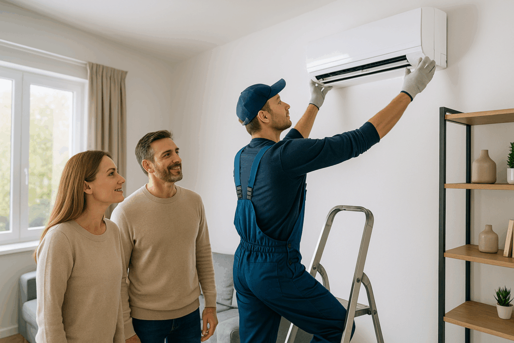 Kupnja klima uređaja i stručna montaža klima uređaja – ovlašteni monter postavlja unutarnju jedinicu dok vlasnici zadovoljno promatraju