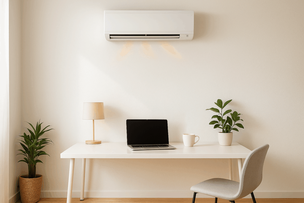 Minimalni ured s otvorenim laptopom; na zidu unutarnja jedinica klima za ured s diskretnom toplinskom strujom; ugodan, topao ambijent.