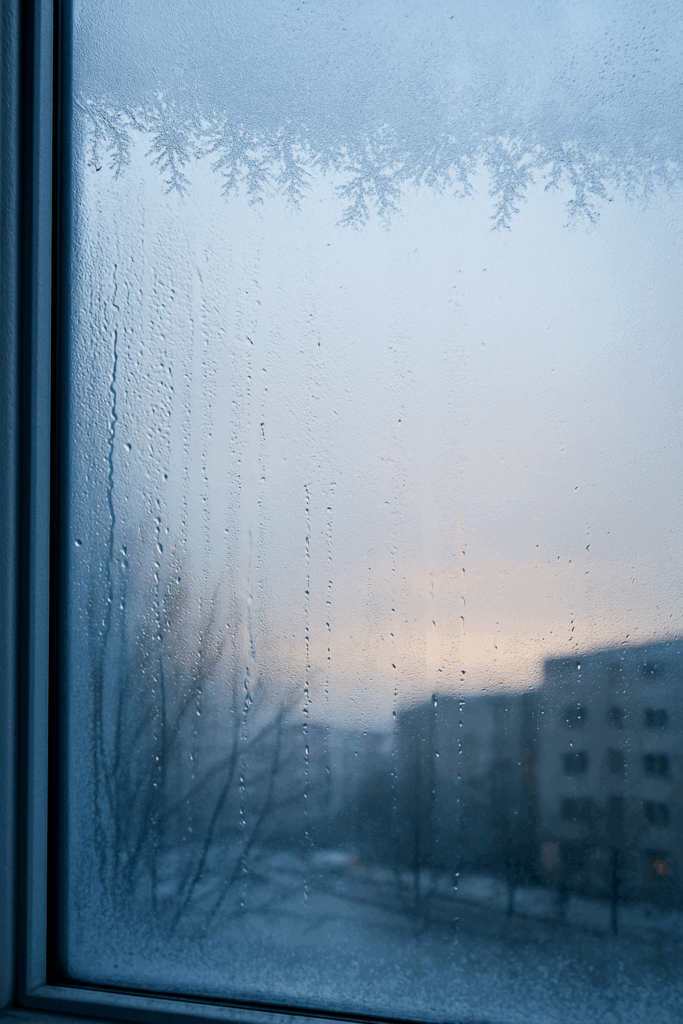Zamagljeno prozorsko staklo s kapljicama i rubovima prekrivenim mrazom; u daljini zamućen gradski prizor hladnog jutra. Potrebno je brzo grijanje.