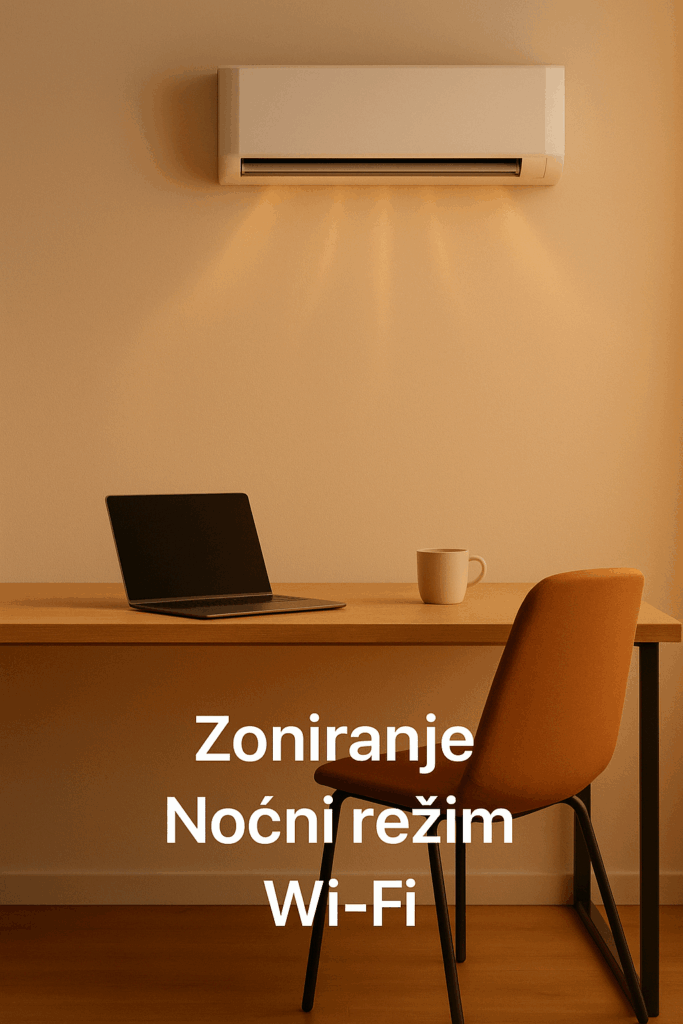 Topao, minimalistički ured s klimom na zidu; na stolu laptop i šalica; preko kadra tekst “Zoniranje • Noćni režim • Wi-Fi”.
