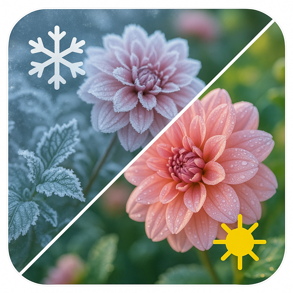 Klime za grijanje: ilustracija od mraza i pahuljica do sunca i rose na dalijama – vizualni kontrast hladno–toplo.

