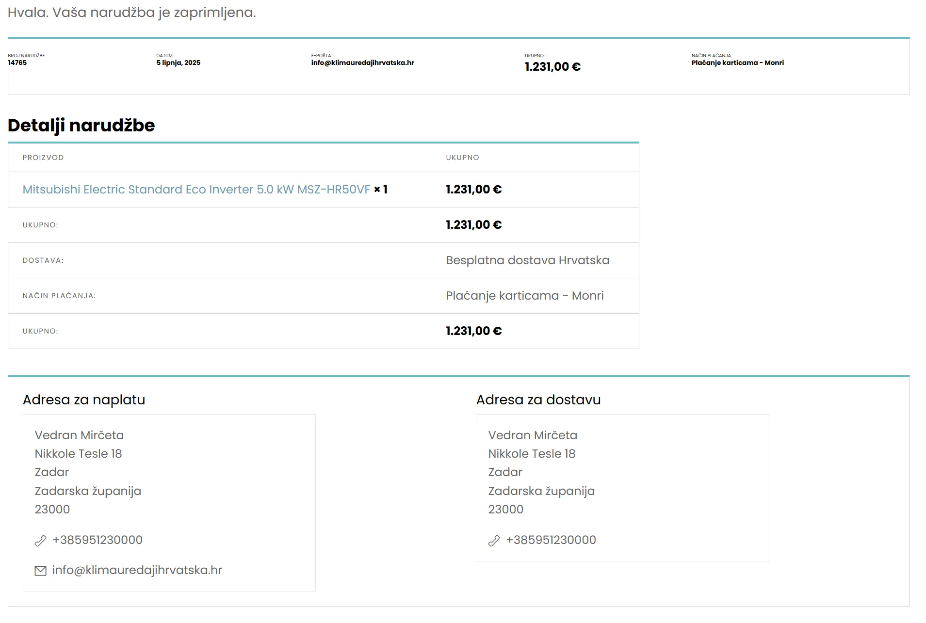 Košarica - potvrda da je uplaćeno