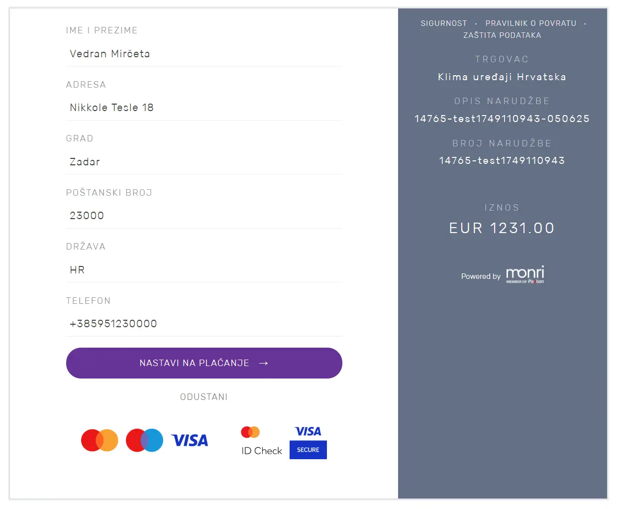 Kartično plaćanje provjerite kontakt podatke