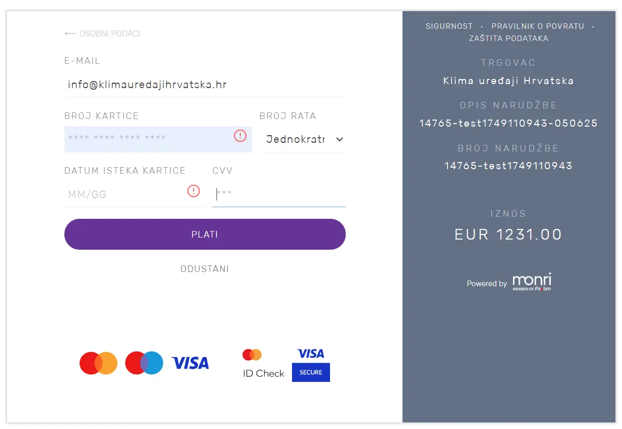 Kartično plaćanje upisujete podatke kartice