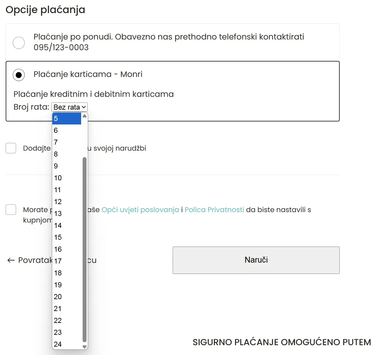 Košarica opcije plaćanje na kartice na rate