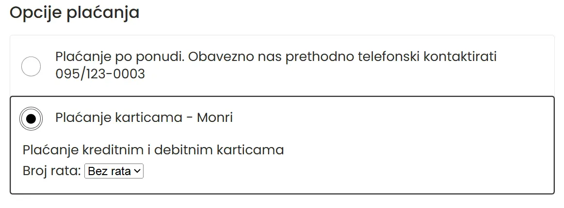 Košarica - opcije plaćanja na kartice jednokratno