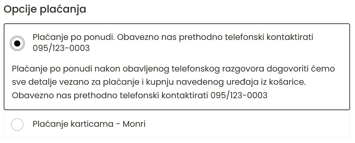 Košarica - opcije plaćanja po ponudi