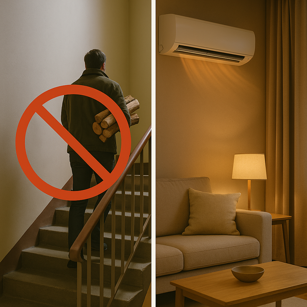 Zaboravi drva — izaberi klimu - Klima uređaji Hrvatska Lijevo muškarac nosi drva uz stepenice s znakom zabrane; desno topli dnevni boravakgdje je uključena inverter klima