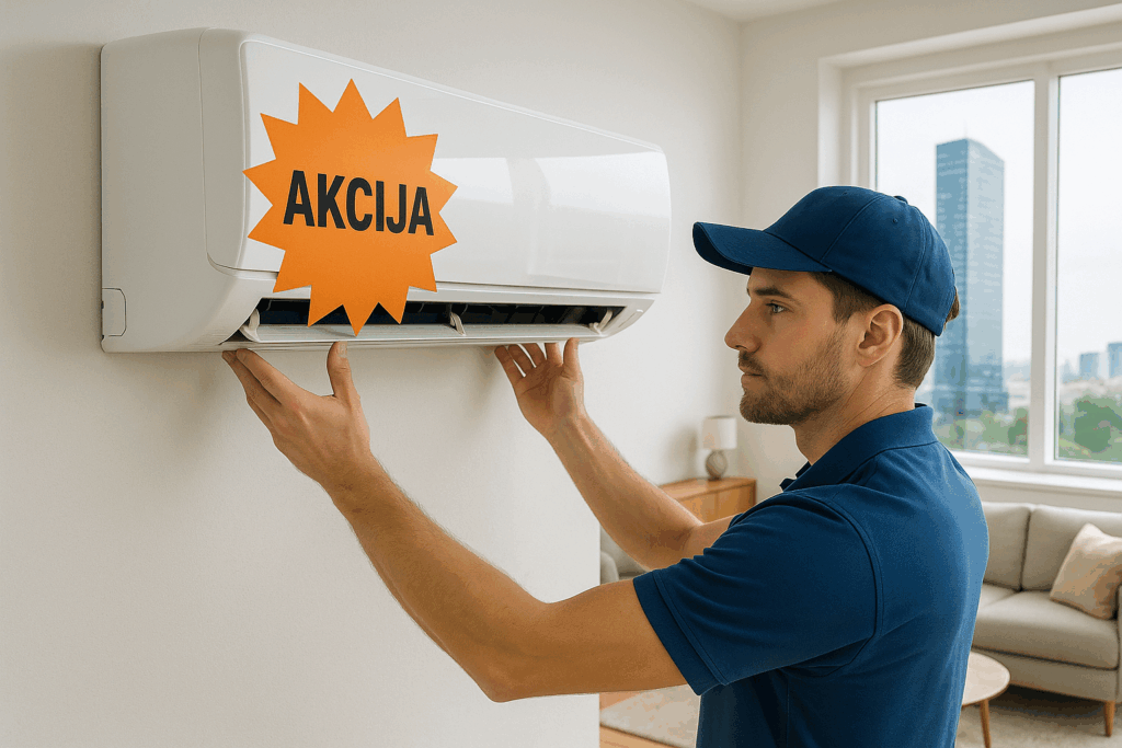 Akcija klima uređaji Zagreb – ugradnja i servis Majstor ugrađuje klima uređaj u modernom dnevnom boravku; akcijska prodaja i ugradnja klima uređaji Zagreb; pogled na Sky Office