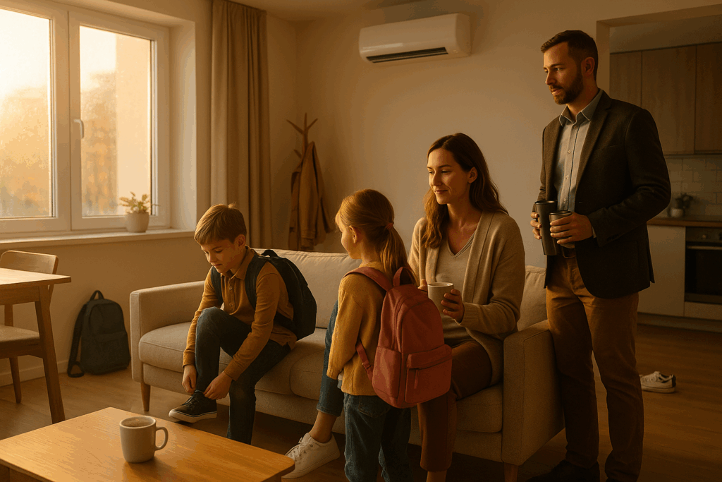 Obitelj se sprema za školu u toplom dnevnom boravku – grijanje klima uređajem