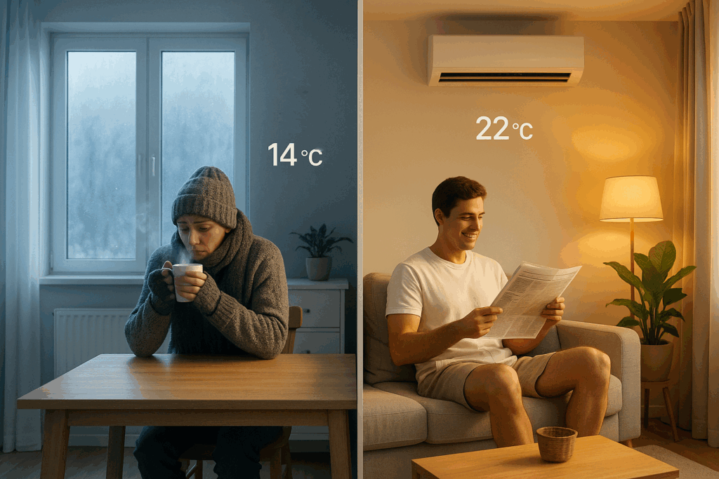 Grijanje na klimu – razlika hladno vs. toplo - Klima uređaji Hrvatska Dvije sobe: lijevo hladno bez klime, muškarac u zimskoj odjeći pije čaj; desno s klimom (koja grije odmah) toplo, muškarac u ljetnoj odjeći čita novine.